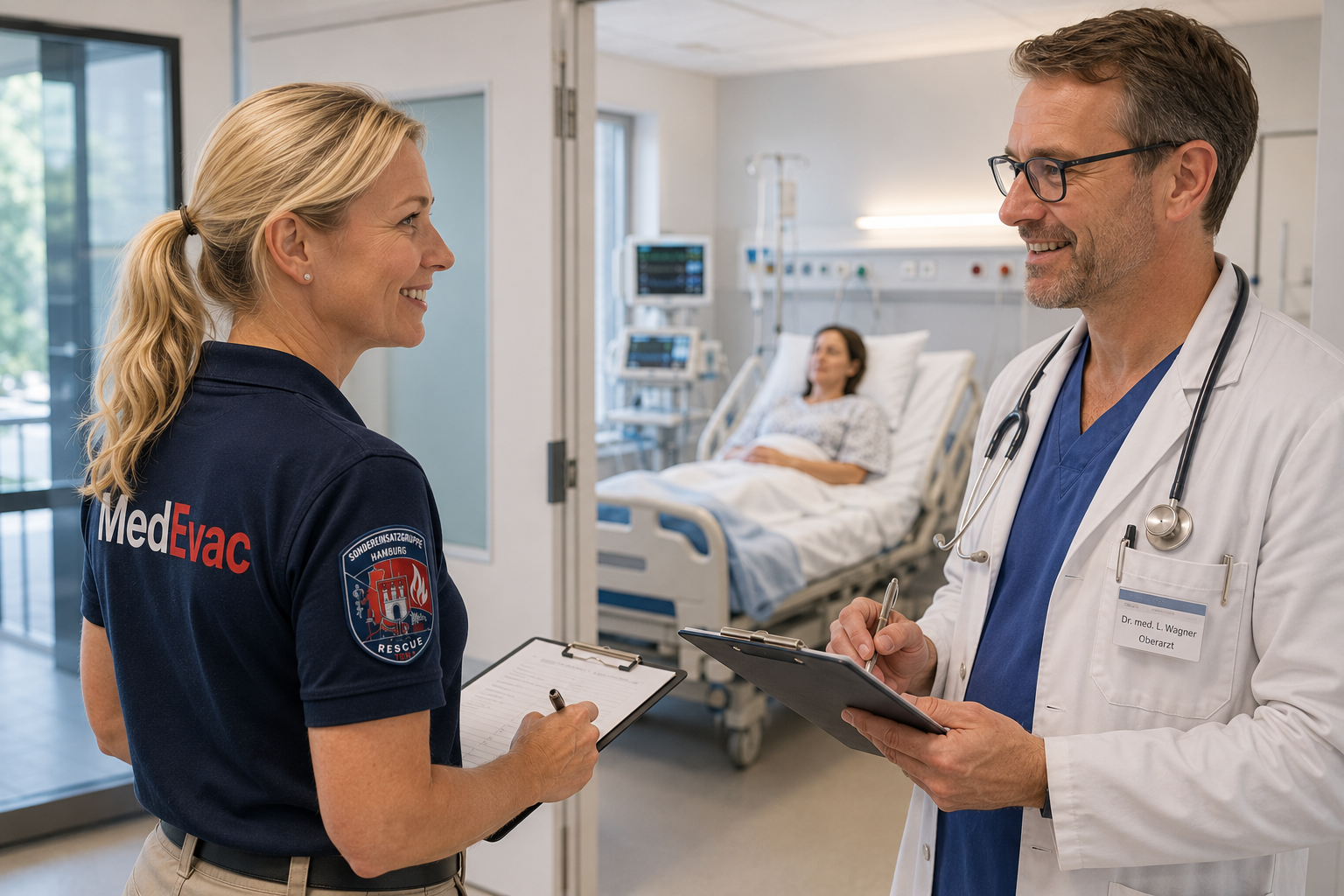 TEN SEG MedEvac Hamburg – Koordinationsgespräch zwischen MedEvac-Mitarbeiterin und Oberarzt bei Klinikübergabe eines Patienten